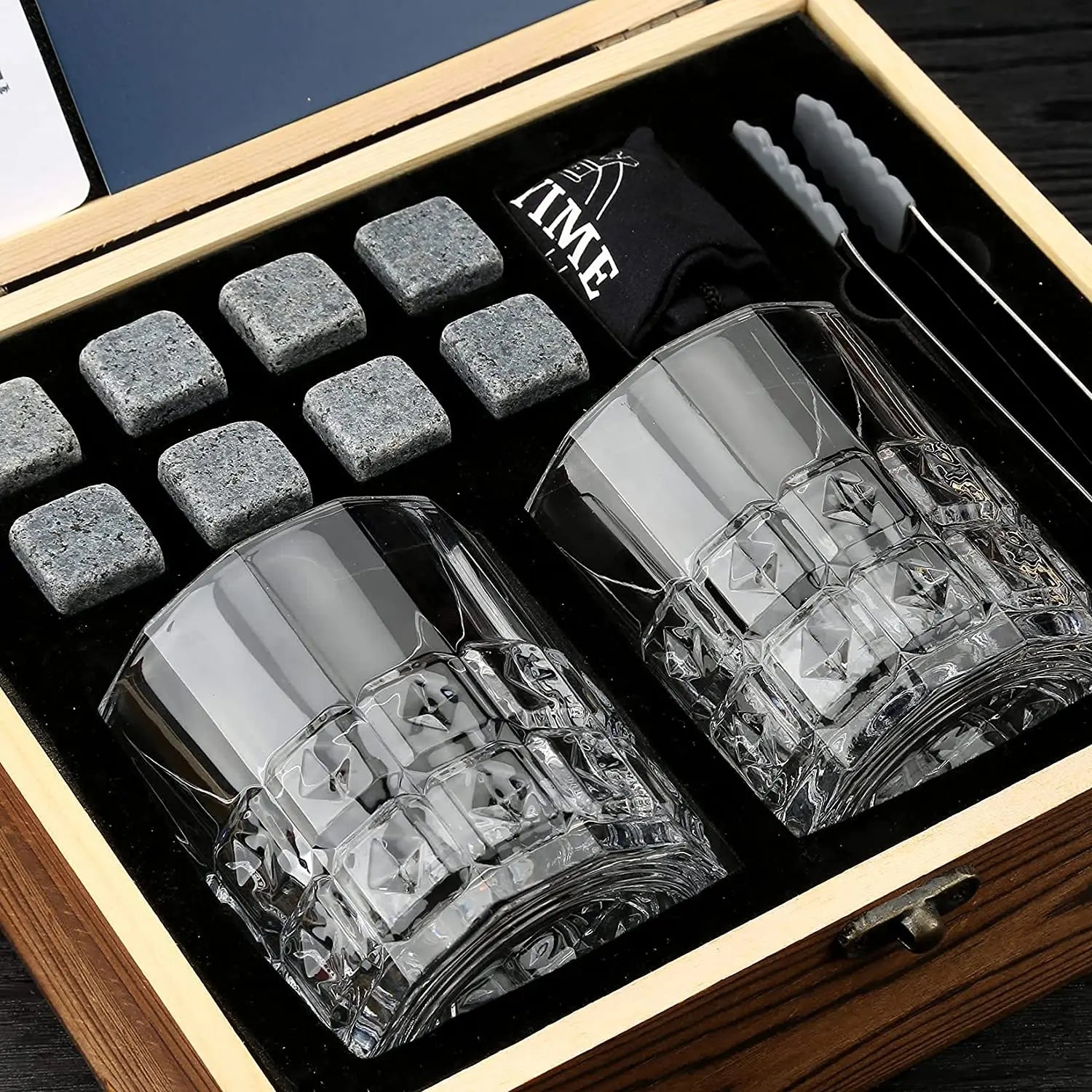 Whisky Stones Glasses Gift Set,Velvet Bag for  Drinking Scottish Whiskey or Gin, Wooden Box Present for Christmas/Birthday