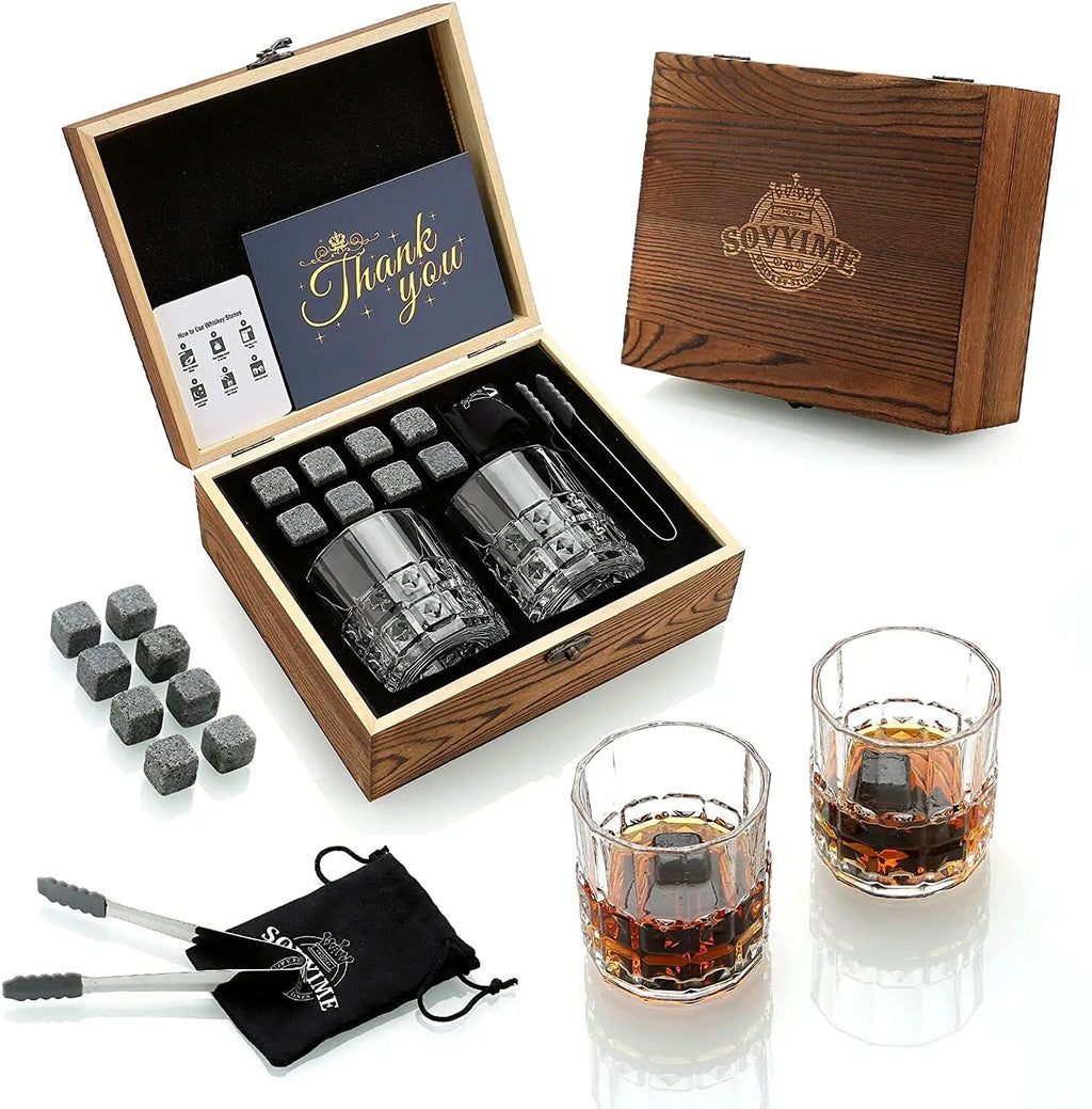 Whisky Stones Glasses Gift Set,Velvet Bag for  Drinking Scottish Whiskey or Gin, Wooden Box Present for Christmas/Birthday
