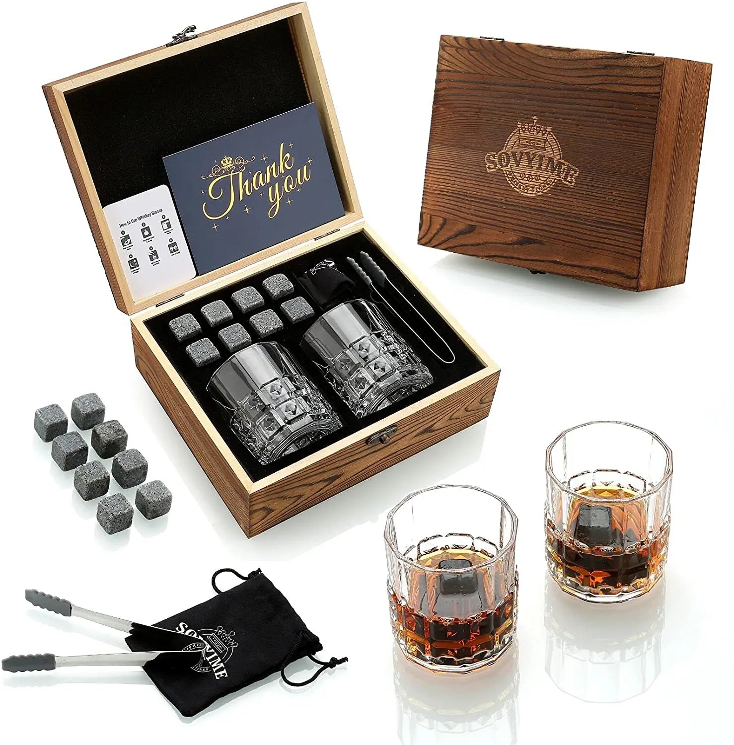 Whisky Stones Glasses Gift Set,Velvet Bag for  Drinking Scottish Whiskey or Gin, Wooden Box Present for Christmas/Birthday