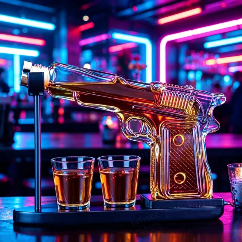 Gun Shaped Whiskey Decanter Set with 2 Glasses, Lead-Free Glass Liquor Decanter for Bourbon, Vodka, Bar & Home Decor, Unique Gif