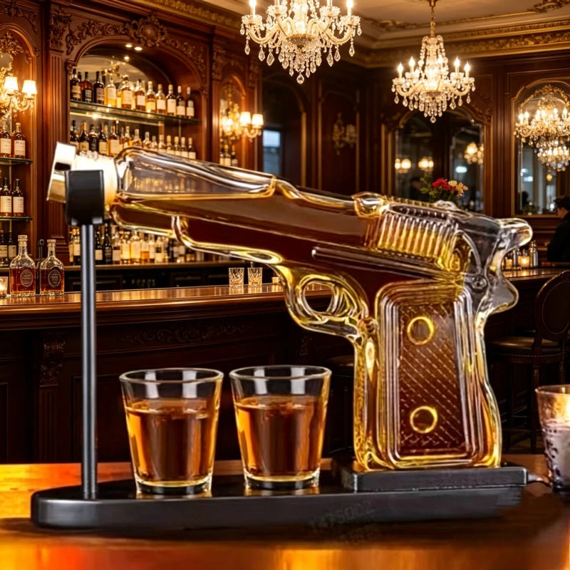 Gun Shaped Whiskey Decanter Set with 2 Glasses, Lead-Free Glass Liquor Decanter for Bourbon, Vodka, Bar & Home Decor, Unique Gif